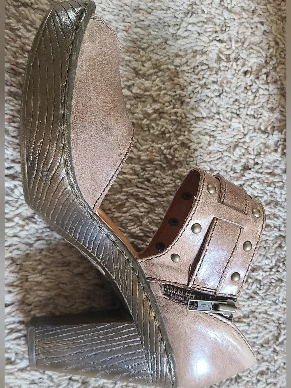 Women’s Taupe Leather Platform Heels with Buckle Strap